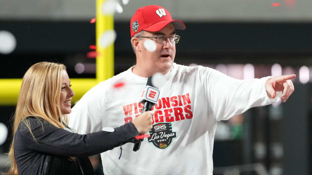 Wisconsin head coach Paul Chryst celebrating after the Las Vegas Bowl (Credit: Stephen R. Sylvanie-USA TODAY Sports)