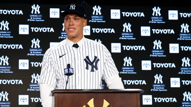 Aaron Judge speaks at a press conference.