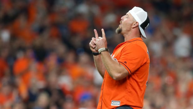 Oct 5, 2019; Houston, TX, USA; Former Astros' Billy Wagner reacts to throwing out the first pitch prior to the game between the Tampa Bay Rays and the Houston Astros in game two of the 2019 ALDS playoff baseball series at Minute Maid Park. Mandatory Credit: Thomas B. Shea-USA TODAY Sports  