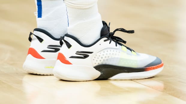 Los Angeles Clippers guard Terance Mann's white and black Skechers sneakers.