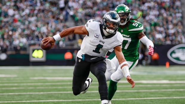 Philadelphia Eagles quarterback Jalen Hurts has 12 total touchdowns in six games this season. 