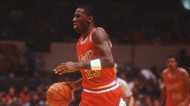 October 18, 1984; New York, NY, USA; Michael Jordan sets up Bull's offense against the Knicks during an exhibition game at Madison Square Garden in New York City.