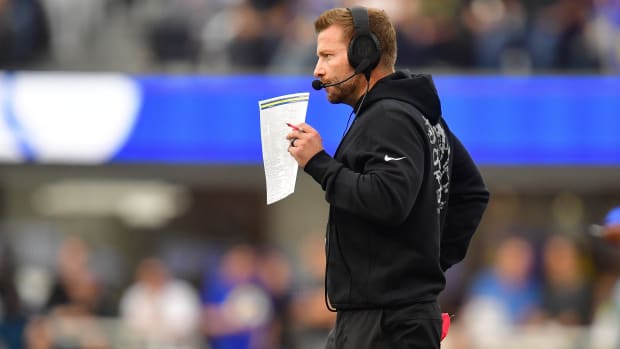 Dec 17, 2023; Inglewood, California, USA; Los Angeles Rams head coach Sean McVay watches game action against the Washington Commanders during the first half at SoFi Stadium. Mandatory Credit: Gary A. Vasquez-USA TODAY Sports