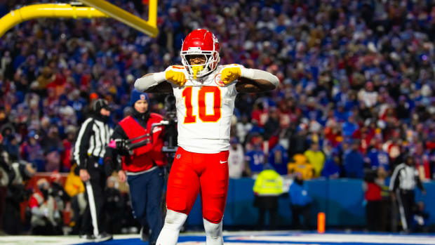 Kansas City running back Isiah Pacheco celebrates after scoring a touchdown against the Buffalo Bills.