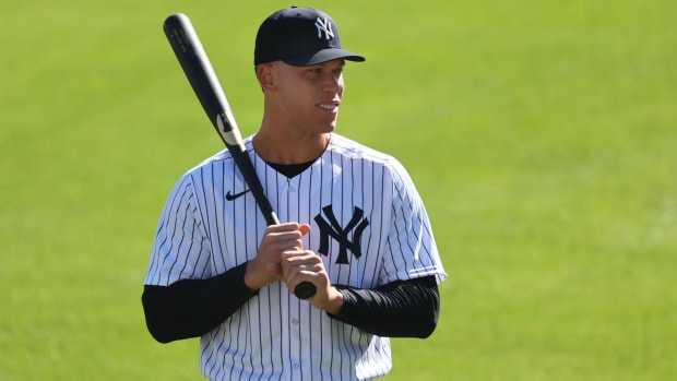 New York Yankees outfielder Aaron Judge poses during a photo shoot.