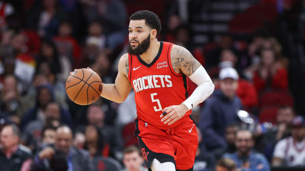 Rockets guard Fred VanVleet (5) controls the ball during the third quarter against the Detroit Pistons at Toyota Center.