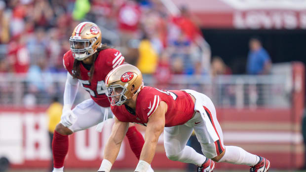 September 21, 2023; Santa Clara, California, USA; San Francisco 49ers defensive end Nick Bosa (97) and linebacker Fred Warner (54) defend during the second quarter against the New York Giants at Levi's Stadium. Mandatory Credit: Kyle Terada-USA TODAY Sports