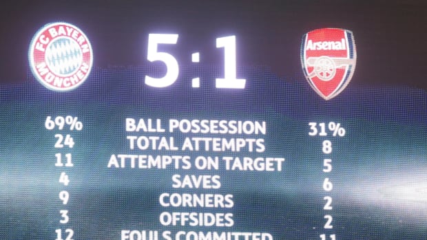 A photo taken of the scoreboard at the Allianz Arena in February 2017 after Bayern Munich beat Arsenal 5-1
