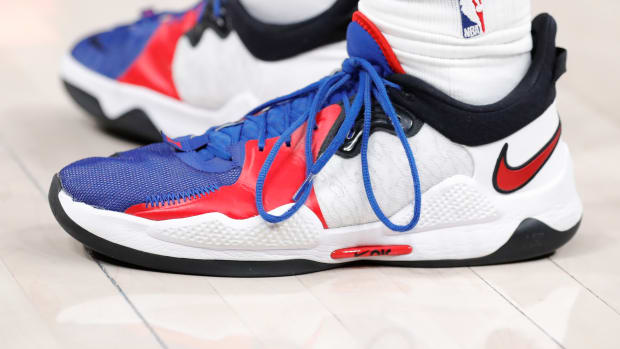 Detroit Pistons forward Isaiah Livers wears the Nike PG 5 sneakers against the Oklahoma City Thunder on April 1, 2022.