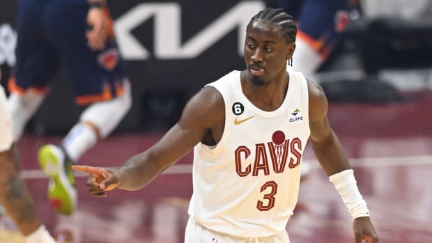 Apr 26, 2023; Cleveland, Ohio, USA; Cleveland Cavaliers guard Caris LeVert (3) celebrates a three-point basket in the first quarter during game five of the 2023 NBA playoffs against the New York Knicks at Rocket Mortgage FieldHouse.