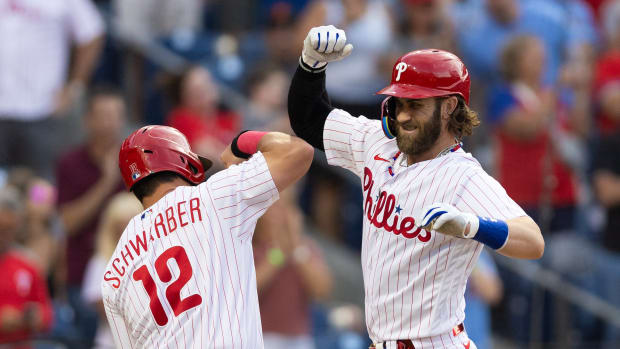 Aug 22, 2023; Philadelphia, Pennsylvania, USA; Philadelphia Phillies designated hitter Bryce Harper (3) celebrates with left fielder Kyle Schwarber (12) after hitting a two RBI home run during the first inning against the San Francisco Giants at Citizens Bank Park. Mandatory Credit: Bill Streicher-USA TODAY Sports  