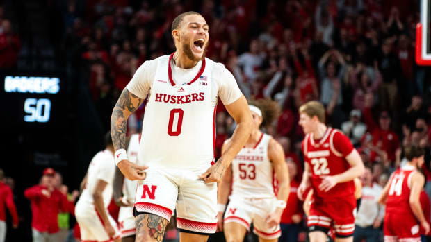 Feb 1, 2024; Lincoln, Nebraska, USA; Nebraska Cornhuskers guard C.J. Wilcher (0) celebrates after a three-point shot against the Wisconsin Badgers during the second half at Pinnacle Bank Arena.