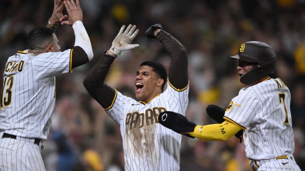 Juan Soto celebrates with his San Diego Padres teammates