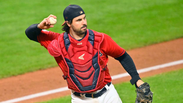 Sep 29, 2022; Cleveland, Ohio, USA; Cleveland Guardians catcher Austin Hedges (17) throws to first base in the sixth inning against the Tampa Bay Rays at Progressive Field. Mandatory Credit: David Richard-USA TODAY Sports