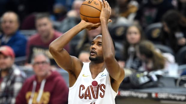 Nov 26, 2023; Cleveland, Ohio, USA; Cleveland Cavaliers forward Evan Mobley (4) shoots in the first quarter against the Toronto Raptors at Rocket Mortgage FieldHouse