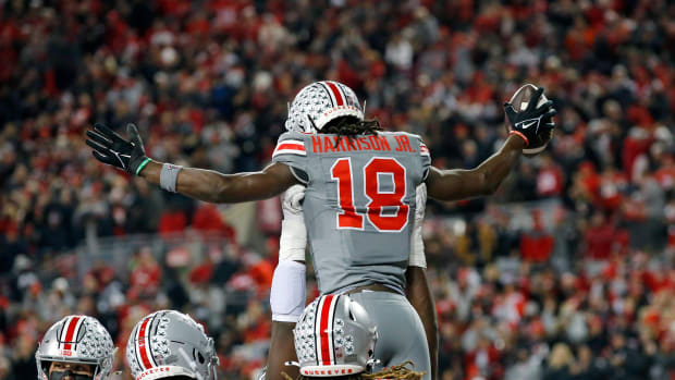 Nov 11, 2023; Columbus, Ohio, USA; Ohio State Buckeyes wide receiver Marvin Harrison Jr. (18) celebrates his touchdown during the first quarter against the Michigan State Spartans at Ohio Stadium.