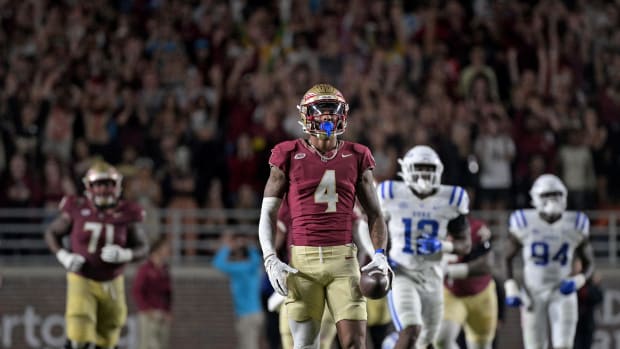 Florida State Seminoles wide receiver Keon Coleman celebrates after a first down catch during the second half against the Duke Blue Devils.