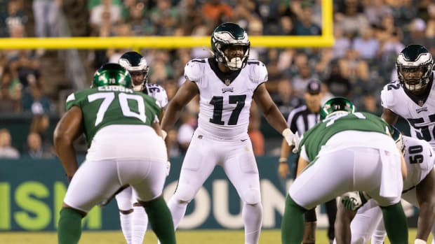 Philadelphia Eagles linebacker Nakobe Dean (17) has been around the team plenty while rehabbing a foot injury and is described by coach Nick Sirianni as a 'football junkie'.