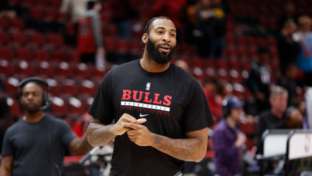 Apr 2, 2023; Chicago, Illinois, USA; Chicago Bulls center Andre Drummond smiles as he warms up before an NBA game against the Memphis Grizzlies