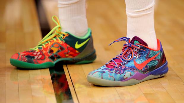 View of multicolored Nike Kobe 8 shoes.