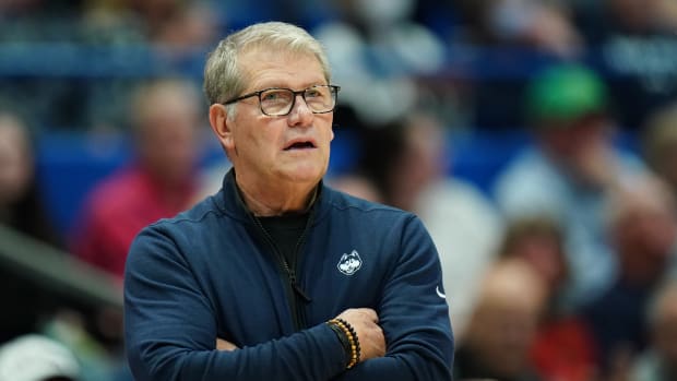 Jan 10, 2024; Hartford, Connecticut, USA; UConn Huskies head coach Geno Auriemma watches from the sideline as they take on the Providence Friars at XL Center.