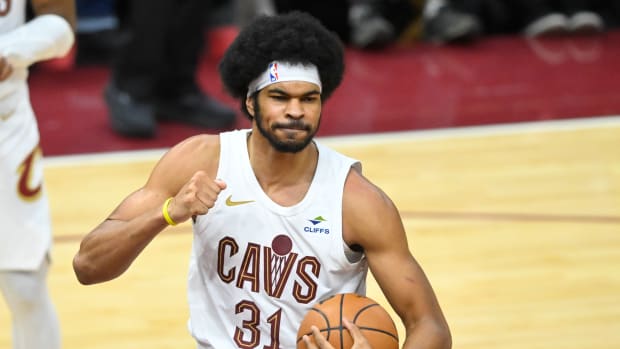 Jan 15, 2024; Cleveland, Ohio, USA; Cleveland Cavaliers center Jarrett Allen (31) reacts in the fourth quarter against the Chicago Bulls at Rocket Mortgage FieldHouse. Mandatory Credit: David Richard-USA TODAY Sports