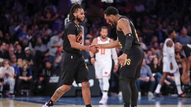 Apr 23, 2023; New York, New York, USA; Cleveland Cavaliers guards Darius Garland (10) and Donovan Mitchell (45) celebrate after a timeout is called by the New York Knicks during game four of the 2023 NBA playoffs at Madison Square Garden. Mandatory Credit: Wendell Cruz-USA TODAY Sports