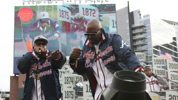 Nov 5, 2021; Atlanta, GA, USA; Recording artists Big Boi and Sleepy Brown perform during the World Series championship rally at Truist Park.