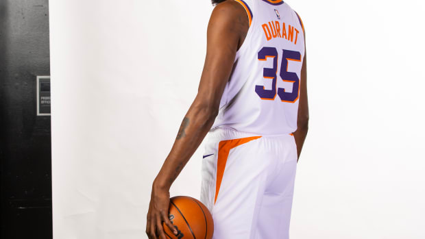 Phoenix Suns forward Kevin Durant poses for a portrait during media day.