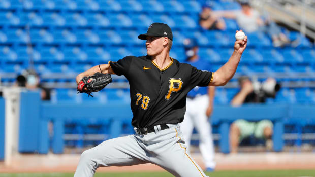 Mar 1, 2021; Dunedin, Florida, USA; Pittsburgh Pirates pitcher Blake Weiman (79) pitches in the bottom of the sixth inning during spring training at TD Ballpark.