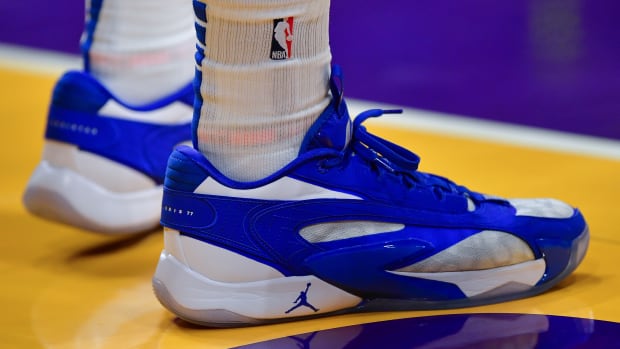 Dallas Mavericks guard Luka Doncic's blue and white Jordan Brand sneakers.