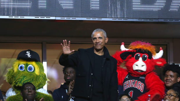 Apr 6, 2022; Chicago, Illinois, USA; Former President of the United States, Barack Obama, during the second half of a game between the Chicago Bulls and the Boston Celtics at the United Center. Mandatory Credit: Dennis Wierzbicki-USA TODAY Sports