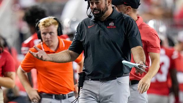 Ohio State head coach Ryan Day looks frustrated as he paces the sideline earlier this season.