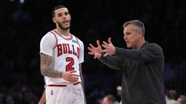 November 15, 2021; Chicago Bulls guard Lonzo Ball with coach Billy Donovan during the game against the Los Angeles Lakers at Staples Center