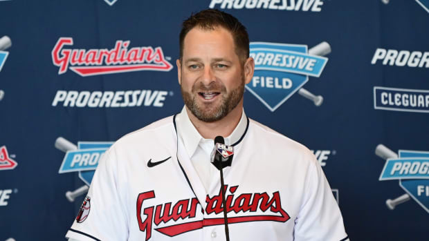 Nov 10, 2023; Cleveland, OH, USA; Cleveland Guardians manager Stephen Vogt talks to the media during an introductory press conference at Progressive Field.