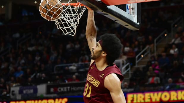 Mar 26, 2023; Cleveland, Ohio, USA; Cleveland Cavaliers center Jarrett Allen (31) dunks during the second half against the Houston Rockets at Rocket Mortgage FieldHouse. Mandatory Credit: Ken Blaze-USA TODAY Sports