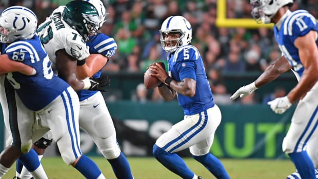 Aug 24, 2023; Philadelphia, Pennsylvania, USA; Indianapolis Colts quarterback Anthony Richardson (5) against the Philadelphia Eagles during the second quarter at Lincoln Financial Field.