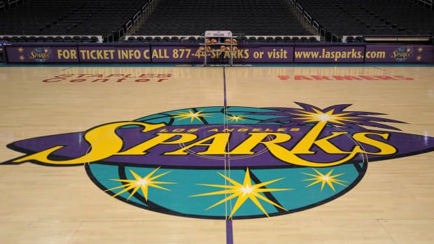 General view of the Los Angeles Sparks logo at midcourt before the WNBA game against the Indiana Fever the Staples Center.