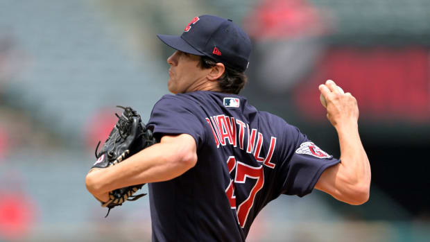 Apr 28, 2022; Anaheim, California, USA; Cleveland Guardians starting pitcher Cal Quantrill (47) pitches in the first inning of the game against the Los Angeles Angels at Angel Stadium. Mandatory Credit: Jayne Kamin-Oncea-USA TODAY Sports