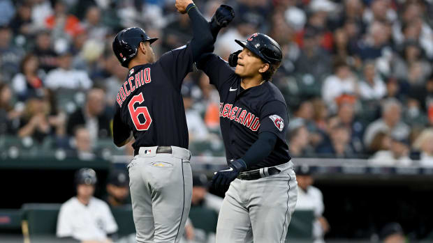Sep 29, 2023; Detroit, Michigan, USA; Cleveland Guardians catcher Bo Naylor (23) (right) celebrates with shortstop Brayan Rocchio (6) after hitting a two-run home run against the Detroit Tigers in the second inning at Comerica Park. Mandatory Credit: Lon Horwedel-USA TODAY Sports