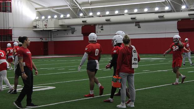 Starting running back Braelon Allen waits in line before running a route in practice.
