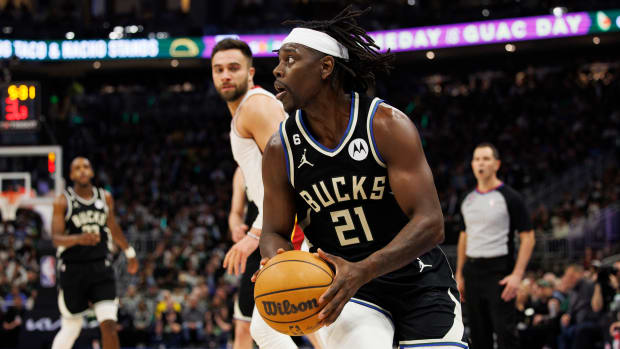 Apr 19, 2023; Milwaukee, Wisconsin, USA; Milwaukee Bucks guard Jrue Holiday (21) looks to shoot during the third quarter against the Miami Heat during game two of the 2023 NBA Playoffs at Fiserv Forum.