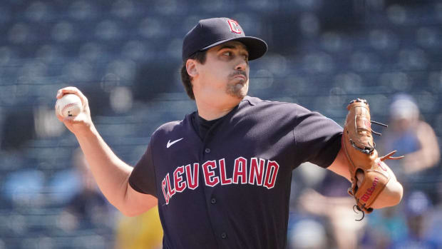 Sep 18, 2023; Kansas City, Missouri, USA; Cleveland Guardians starting pitcher Cal Quantrill (47) delivers against the Kansas City Royals in the first inning at Kauffman Stadium. Mandatory Credit: Denny Medley-USA TODAY Sports