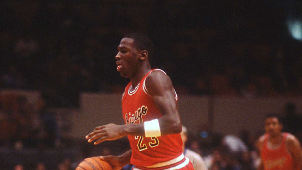 October 18, 1984; Michael Jordan during the Chicago Bulls' exhibition game against the Knicks at Madison Square Garden