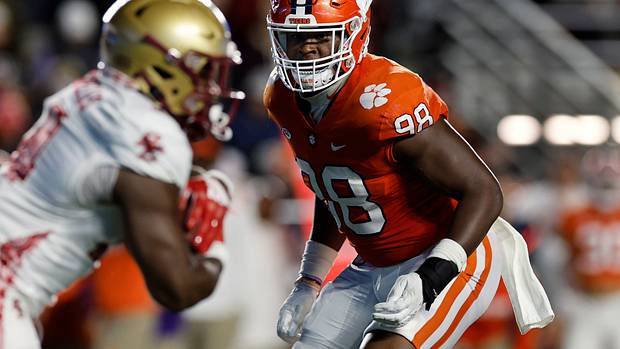 Clemson Tigers defensive end Myles Murphy (98) eyes a Boston College Eagles ball carrier during the second quarter at Alumni Stadium.