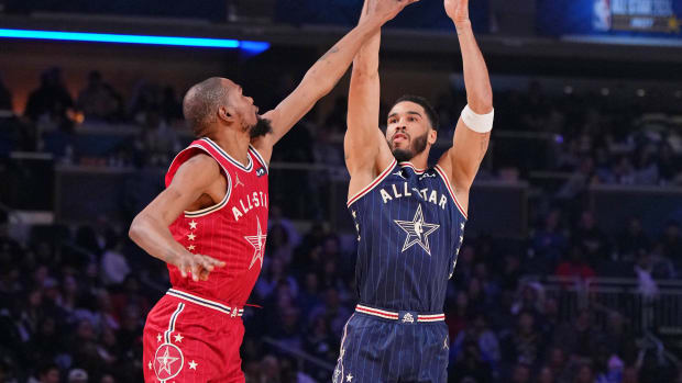 Jayson Tatum shoots over Kevin Durant in the 2024 NBA All-Star Game.