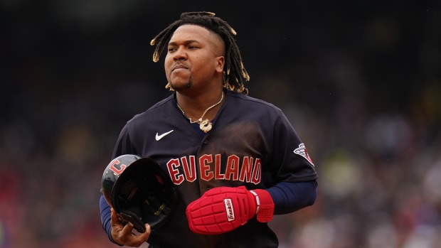 Apr 29, 2023; Boston, Massachusetts, USA; Cleveland Guardians third baseman Jose Ramirez (11) returns to the dugout after being tagged out at second base against the Boston Red Sox in the fourth inning at Fenway Park. Mandatory Credit: David Butler II-USA TODAY Sports
