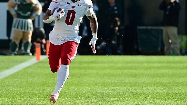 Wisconsin running back Braelon Allen running with the football in the open field.