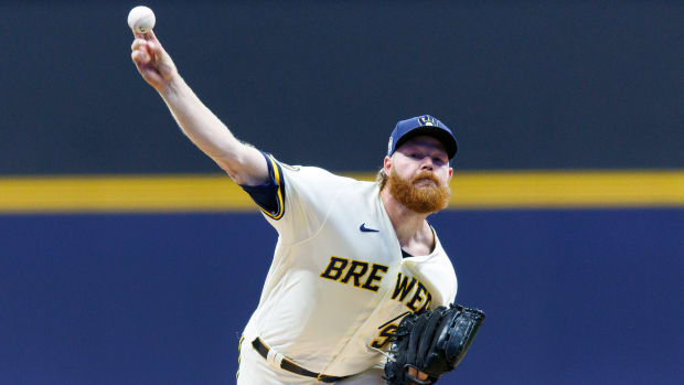 Sep 11, 2023; Milwaukee, Wisconsin, USA; Milwaukee Brewers pitcher Brandon Woodruff (53) throws a pitch during the first inning against the Miami Marlins at American Family Field. Mandatory Credit: Jeff Hanisch-USA TODAY Sports  