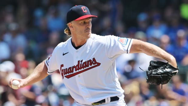 Aug 10, 2023; Cleveland, Ohio, USA; Cleveland Guardians starting pitcher Noah Syndergaard (34) throws a pitch during the first inning against the Toronto Blue Jays at Progressive Field. Mandatory Credit: Ken Blaze-USA TODAY Sports